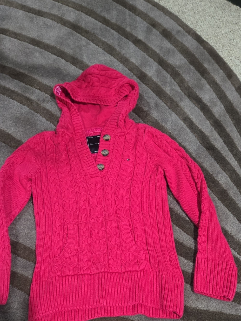 Tommy Hilfiger Hot Pink Cable-Knit V-Neck Hoodie Sweater